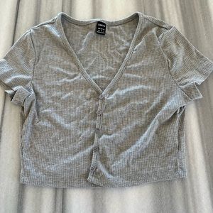 Grey Rib Button Up Short Sleeve Crop Top XS New